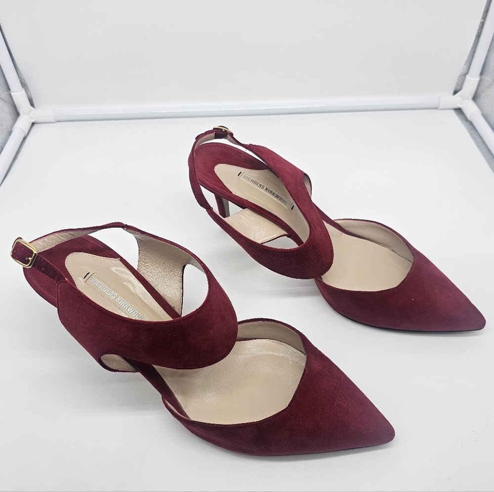 NICHOLAS KIRKWOOD Leda Crimson Red Suede Cut Out Slingback Pumps Heels sz 39.5 - Picture 5 of 13